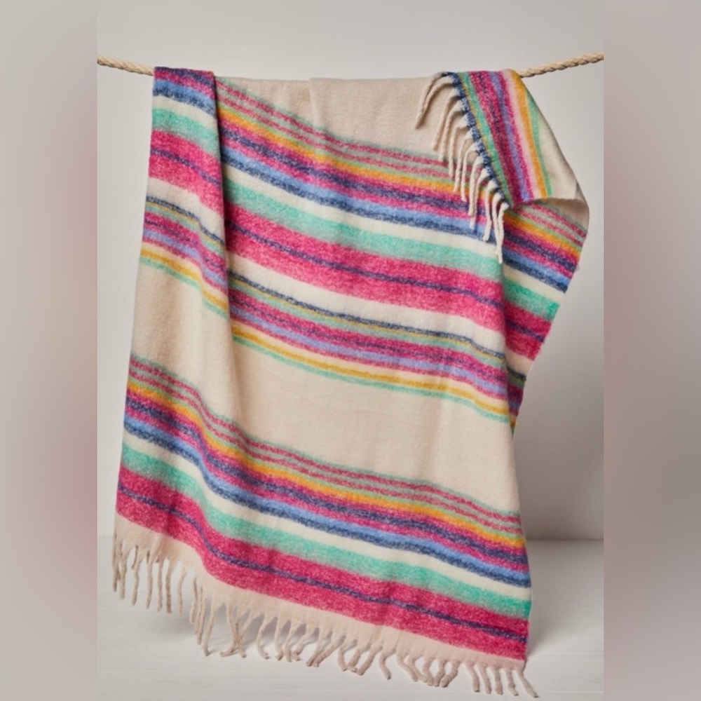 NWT Free People Fringe Throw Blanket 60x51 in Skye Stripe Ivory New $78 retail